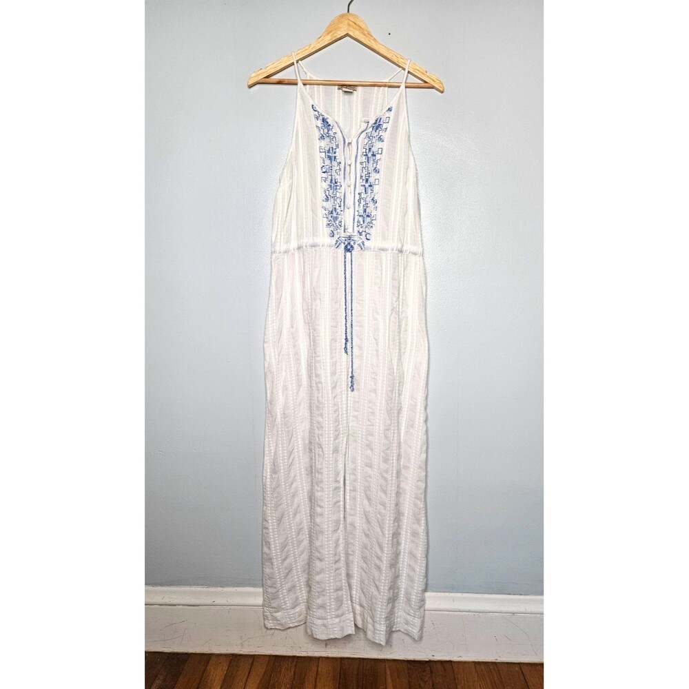 Lucky Brand Cotton Gauze Maxi Dress Coverup L Semi Sheer Embroidered Sleeveless